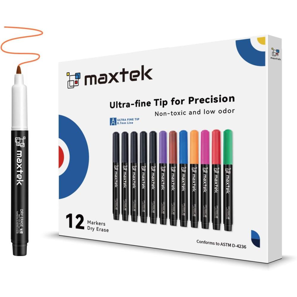 imagemaxtek Black Dry Erase Markers Ultra Fine Tip 07mm Low Odor Extra Fine Point Dry Erase Markers for Planning Whiteboard Calendar Boards Whiteboard Markers for School Supplies 12 Count12 Count 8 Colors