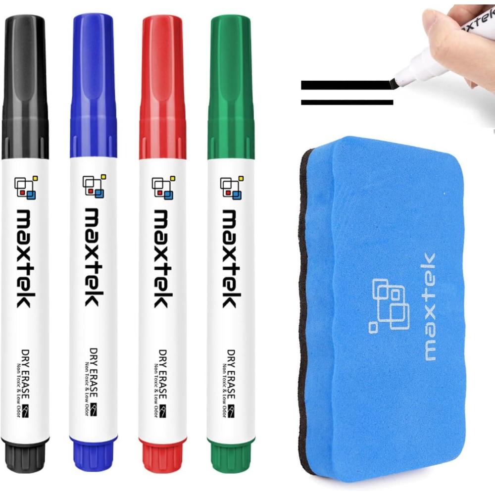 imagemaxtek Low Odor Dry Erase Markers Chisel Tip Whiteboard Markers Set Assorted Colors 4 Count with 1 Magnetic Eraser