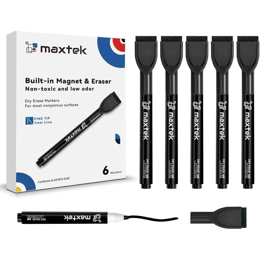 imagemaxtek Magnetic Black Dry Erase Markers 6 Count Fine Tip Whiteboard Markers with Eraser Thin Markers Low Odor for Classroom Office HomeBlack