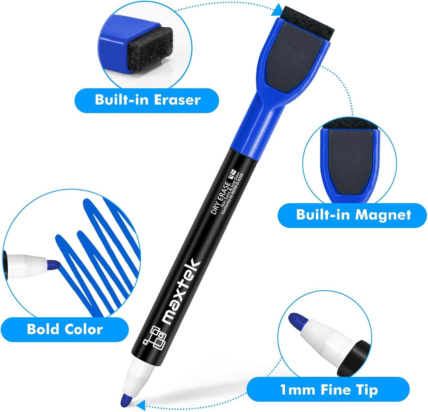 imagemaxtek Magnetic Black Dry Erase Markers 6 Count Fine Tip Whiteboard Markers with Eraser Thin Markers Low Odor for Classroom Office HomeBlue