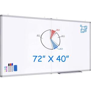 Magnetic White Board Dry Erase Board for Wall，72″ x 48″ (6ft x 4ft) Wall-Mounted Aluminum Frame Marker Board, Foldable Portable Whiteboard with a Long Pen Tray for School, Classroom, Office & Home(72″ x 40″ Silver)