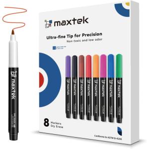 maxtek Black Dry Erase Markers Ultra Fine Tip, 0.7mm, Low Odor, Extra Fine Point Dry Erase Markers for Planning Whiteboard, Calendar Boards, Whiteboard Markers for School Supplies (12 Count)(8 Count 8 Colors)