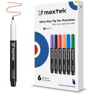 maxtek Black Dry Erase Markers Ultra Fine Tip, 0.7mm, Low Odor, Extra Fine Point Dry Erase Markers for Planning Whiteboard, Calendar Boards, Whiteboard Markers for School Supplies (12 Count)(6 Count 6 Colors)