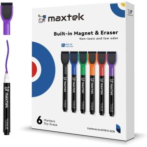maxtek Dry Erase Markers – 6 Count Colorful Magnetic Dry Erase Markers Fine Tip with Eraser, Low Odor Whiteboard Markers for Calendar Boards(6 Count 6 Colors)