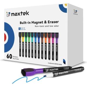 maxtek Dry Erase Markers – 6 Count Colorful Magnetic Dry Erase Markers Fine Tip with Eraser, Low Odor Whiteboard Markers for Calendar Boards(60 Count 12 Colors)