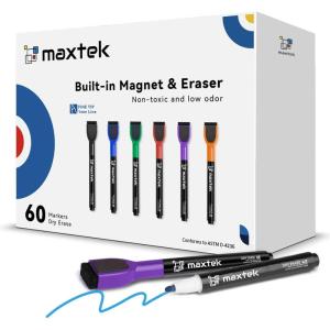 maxtek Dry Erase Markers – 6 Count Colorful Magnetic Dry Erase Markers Fine Tip with Eraser, Low Odor Whiteboard Markers for Calendar Boards(60 Count 6 Colors)