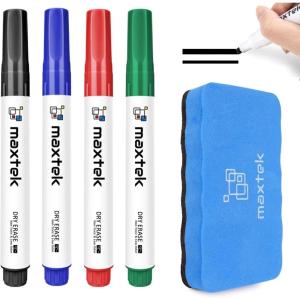maxtek Low Odor Dry Erase Markers Chisel Tip, Whiteboard Markers Set Assorted Colors 4 Count with 1 Magnetic Eraser