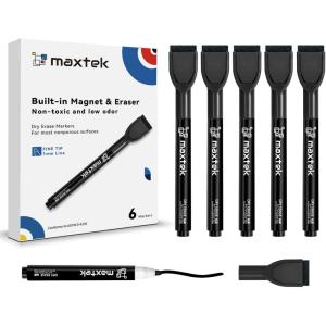maxtek Magnetic Black Dry Erase Markers, 6 Count Fine Tip Whiteboard Markers with Eraser, Thin Markers Low Odor for Classroom, Office, Home(Black)