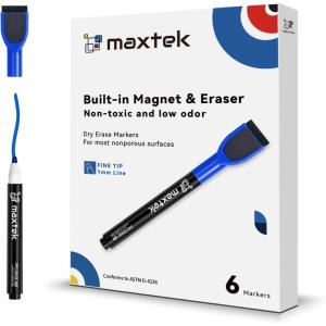 maxtek Magnetic Black Dry Erase Markers, 6 Count Fine Tip Whiteboard Markers with Eraser, Thin Markers Low Odor for Classroom, Office, Home(Blue)
