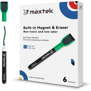 maxtek Magnetic Black Dry Erase Markers, 6 Count Fine Tip Whiteboard Markers with Eraser, Thin Markers Low Odor for Classroom, Office, Home(Green)