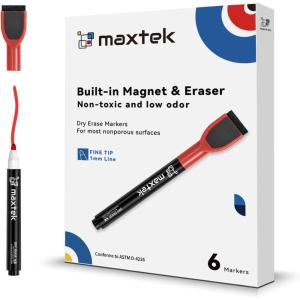maxtek Magnetic Black Dry Erase Markers, 6 Count Fine Tip Whiteboard Markers with Eraser, Thin Markers Low Odor for Classroom, Office, Home(Red)