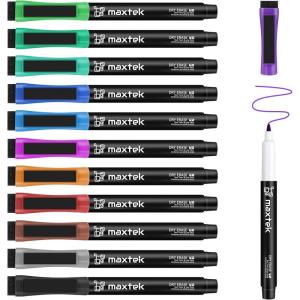 maxtek Magnetic Dry Erase Markers Ultra Fine Tip, 0.7mm Extra Fine Point Thin Dry Erase Markers with Eraser for Planning Whiteboard, Calendar Boards, 12 Colors, Low Odor(12 Count 12 Colors)