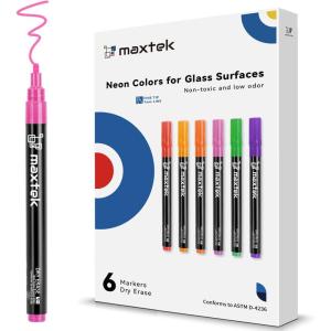 maxtek Neon Dry Erase Markers for Glass,Window Markers for Dry Erase Board,Chalkboard,LED Note Board,Acrylic Refrigerator Calendar,Bullet Tip,Low Odor,Assorted Colors,9 Count(6 Neon Colors Fine Tip)