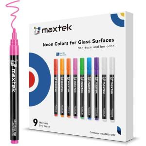 maxtek Neon Dry Erase Markers for Glass,Window Markers for Dry Erase Board,Chalkboard,LED Note Board,Acrylic Refrigerator Calendar,Bullet Tip,Low Odor,Assorted Colors,9 Count(9 Neon Colors Fine Tip)