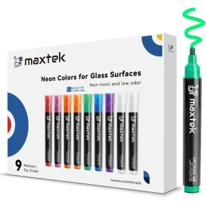 maxtek Neon Dry Erase Markers for Glass,Window Markers for Dry Erase Board,Chalkboard,LED Note Board,Acrylic Refrigerator Calendar,Bullet Tip,Low Odor,Assorted Colors,9 Count(9 Neon Colors Bullet Tip)