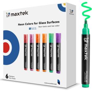 maxtek Neon Dry Erase Markers for Glass,Window Markers for Dry Erase Board,Chalkboard,LED Note Board,Acrylic Refrigerator Calendar,Bullet Tip,Low Odor,Assorted Colors,9 Count(6 Neon Colors Bullet Tip)
