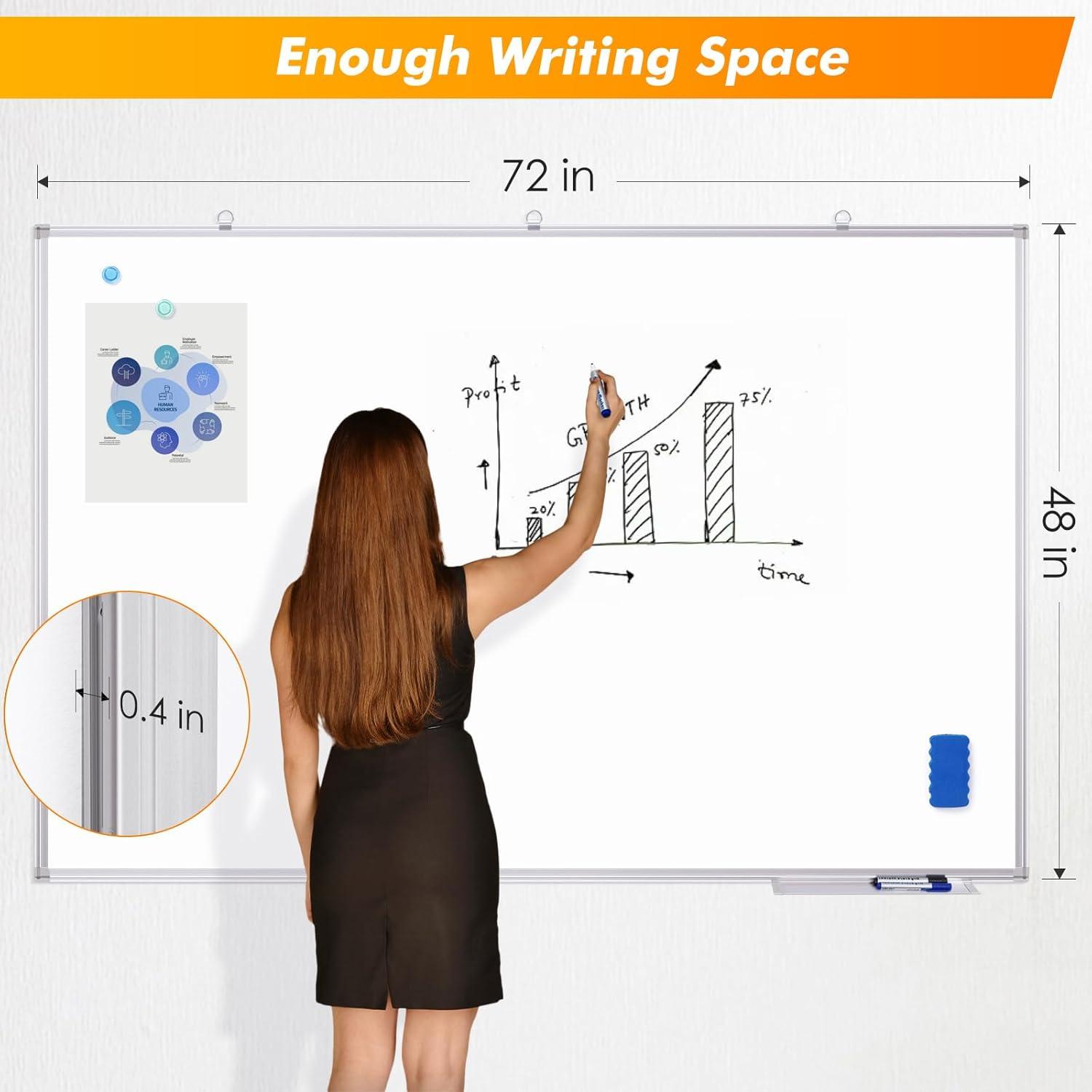 imageDry Erase Board 72 x 40 Inch Large Magnetic White Board for Wall Maxtek Aluminum Frame Erase Board Presentation WallMounted Marker Board with a Long Pen Tray for Classroom Office ampamp Home72x48 White