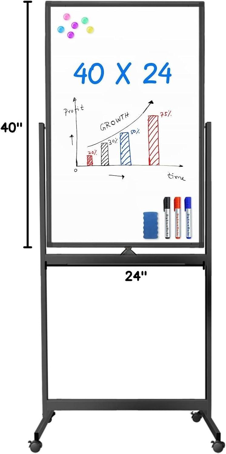 imageMagnetic Mobile White Board 48 x 24 Double Sided Dry Erase Board Rolling Whiteboard Aluminum Frame Standing Whiteboard on WheelsBlack