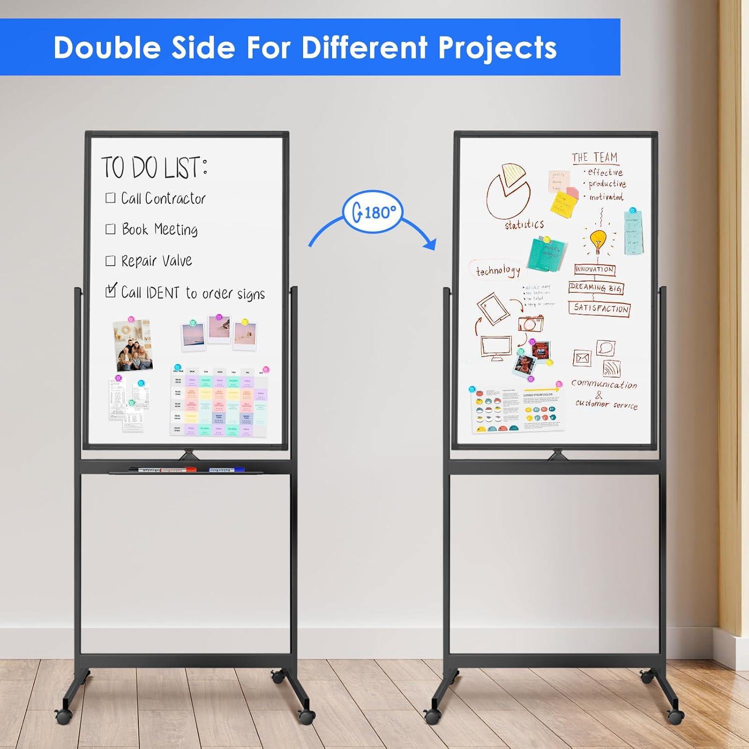 imageMagnetic Mobile White Board 48 x 24 Double Sided Dry Erase Board Rolling Whiteboard Aluminum Frame Standing Whiteboard on WheelsBlack