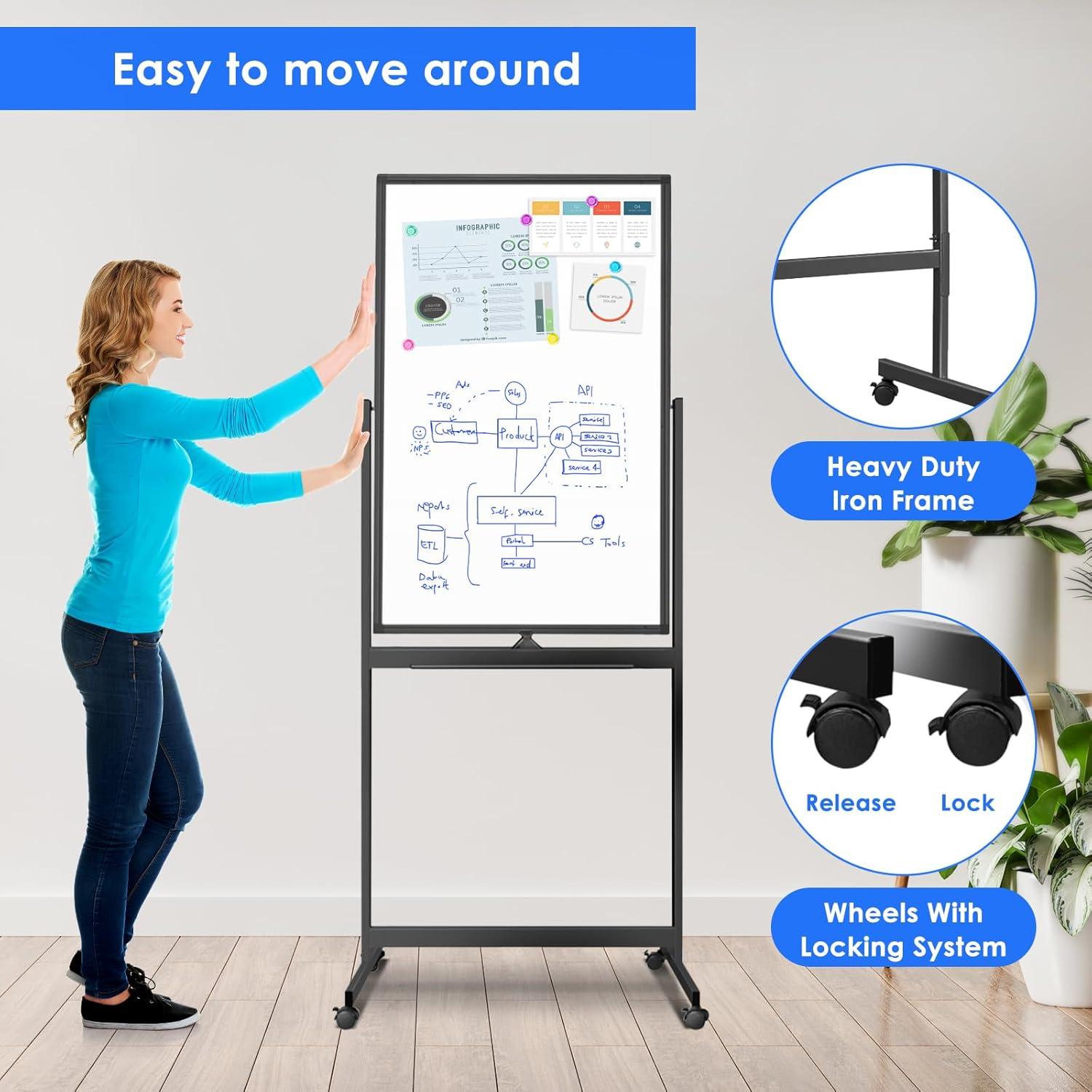 imageMagnetic Mobile White Board 48 x 24 Double Sided Dry Erase Board Rolling Whiteboard Aluminum Frame Standing Whiteboard on WheelsBlack