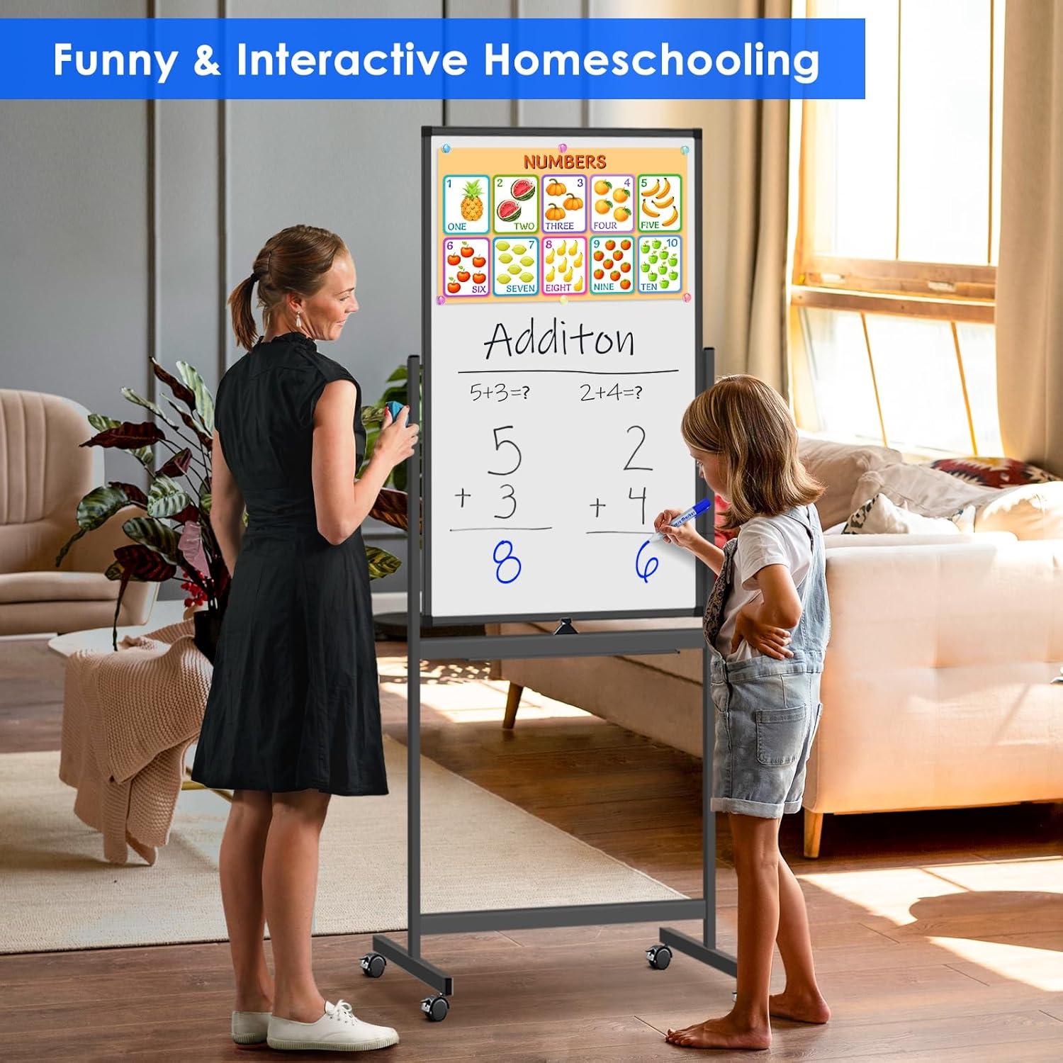imageMagnetic Mobile White Board 48 x 24 Double Sided Dry Erase Board Rolling Whiteboard Aluminum Frame Standing Whiteboard on WheelsBlack
