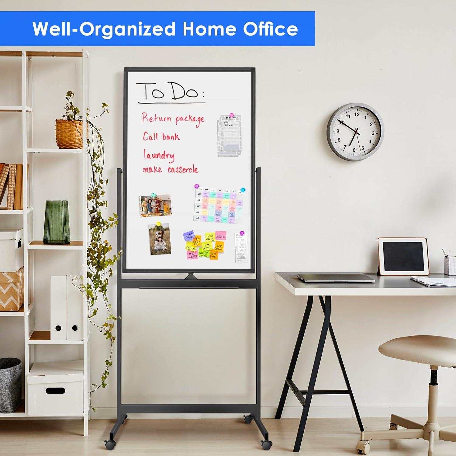 imageMagnetic Mobile White Board 48 x 24 Double Sided Dry Erase Board Rolling Whiteboard Aluminum Frame Standing Whiteboard on WheelsBlack