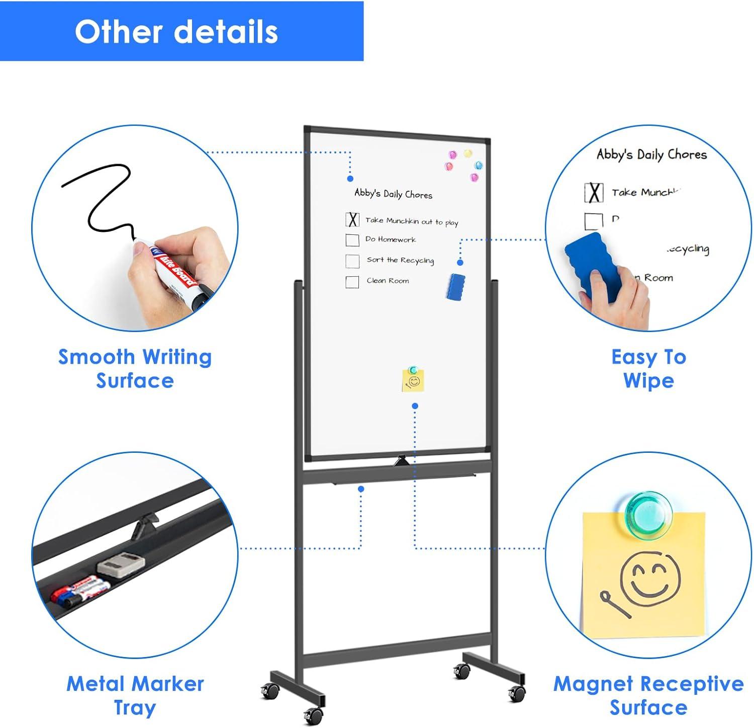 imageMagnetic Mobile White Board 48 x 24 Double Sided Dry Erase Board Rolling Whiteboard Aluminum Frame Standing Whiteboard on WheelsBlack