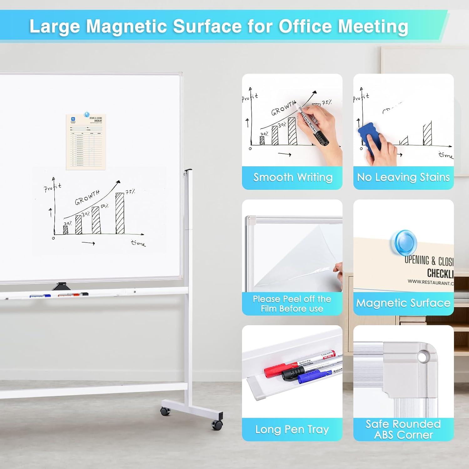 imageMagnetic Mobile White Board 48 x 24 Double Sided Dry Erase Board Rolling Whiteboard Aluminum Frame Standing Whiteboard on WheelsSilver