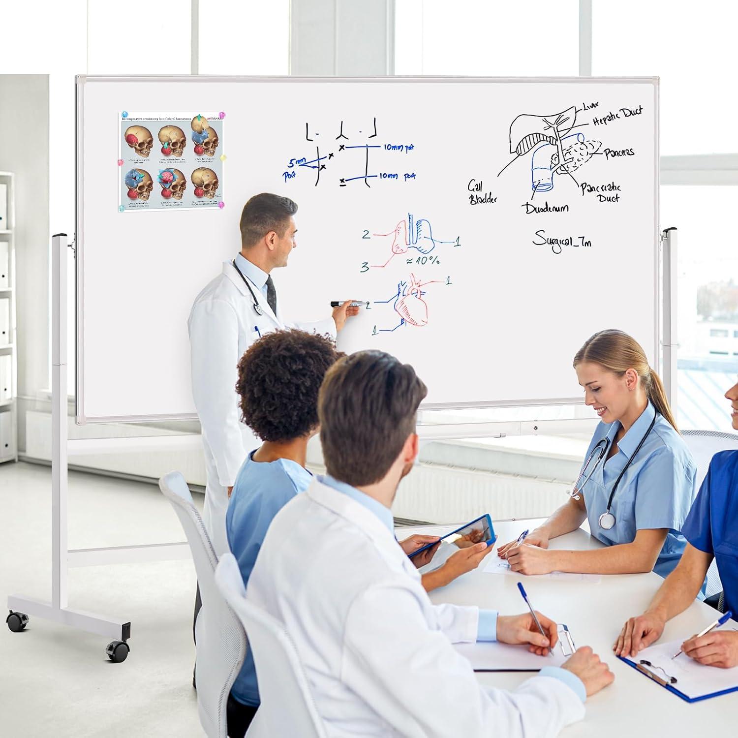 imageMagnetic Mobile White Board 48 x 24 Double Sided Dry Erase Board Rolling Whiteboard Aluminum Frame Standing Whiteboard on WheelsSilver