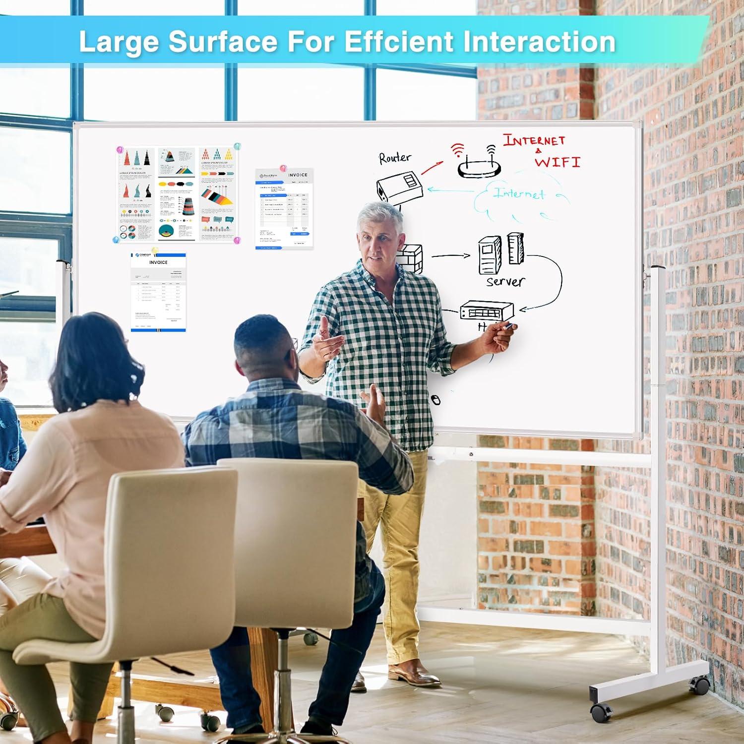 imageMagnetic Mobile White Board 48 x 24 Double Sided Dry Erase Board Rolling Whiteboard Aluminum Frame Standing Whiteboard on WheelsSilver