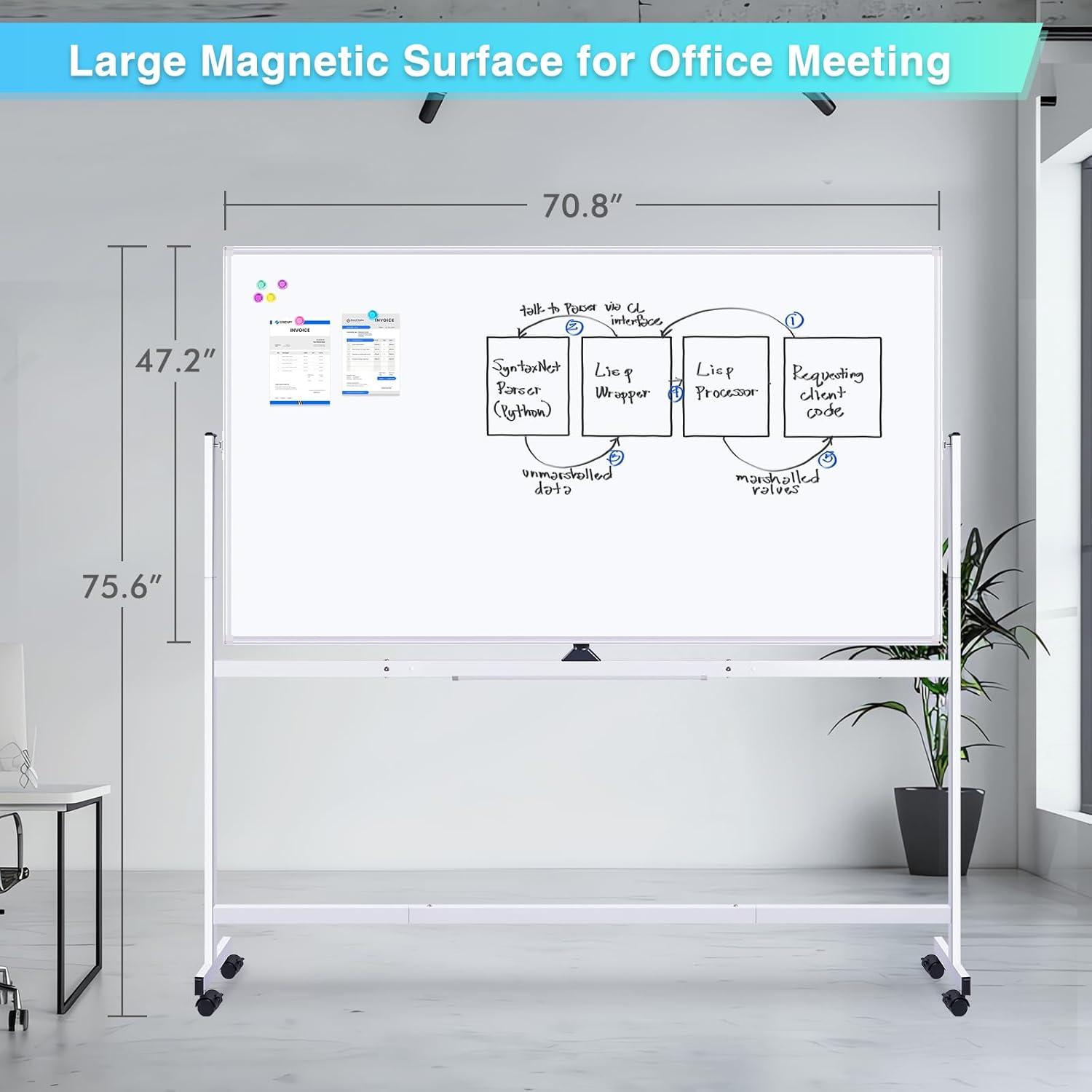 imageMagnetic Mobile White Board 48 x 24 Double Sided Dry Erase Board Rolling Whiteboard Aluminum Frame Standing Whiteboard on WheelsSilver