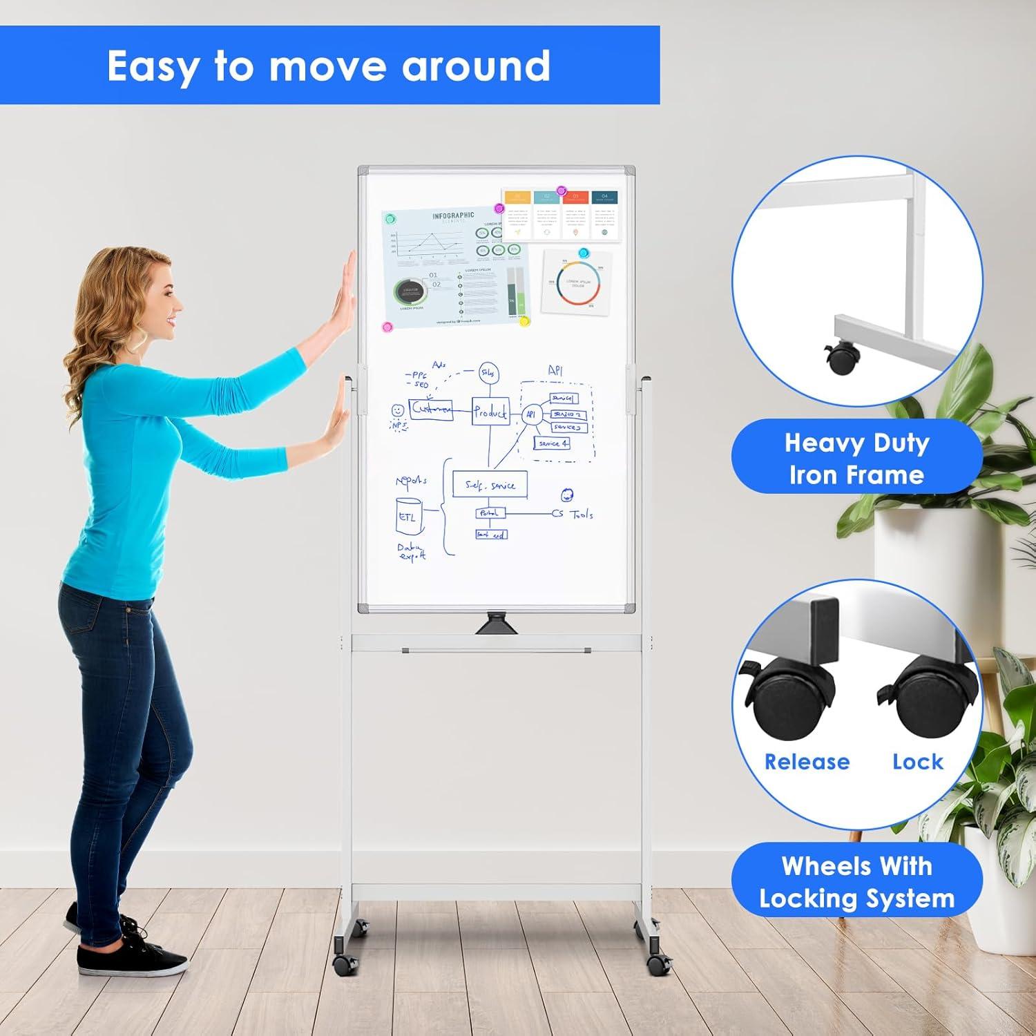 imageMagnetic Mobile White Board 48 x 24 Double Sided Dry Erase Board Rolling Whiteboard Aluminum Frame Standing Whiteboard on WheelsWhite