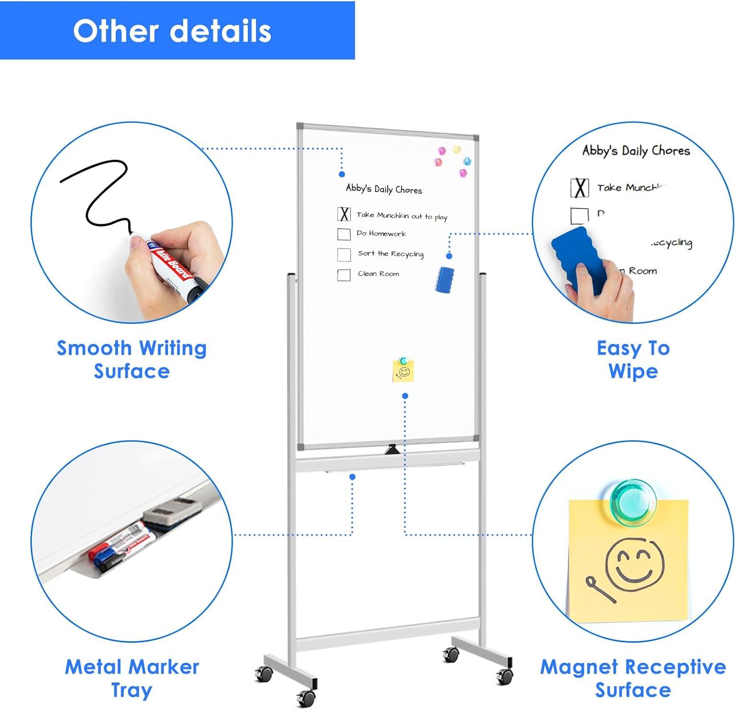 imageMagnetic Mobile White Board 48 x 24 Double Sided Dry Erase Board Rolling Whiteboard Aluminum Frame Standing Whiteboard on WheelsWhite