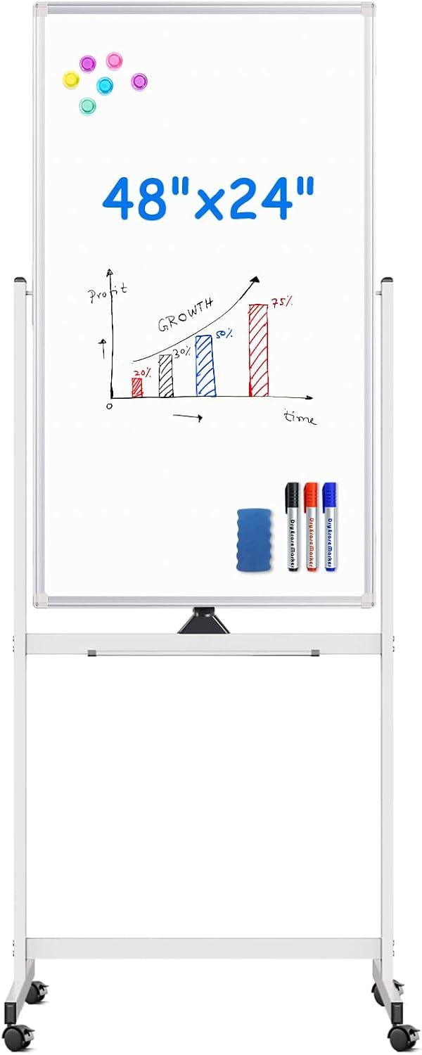 imageMagnetic Mobile White Board 48 x 24 Double Sided Dry Erase Board Rolling Whiteboard Aluminum Frame Standing Whiteboard on WheelsWhite