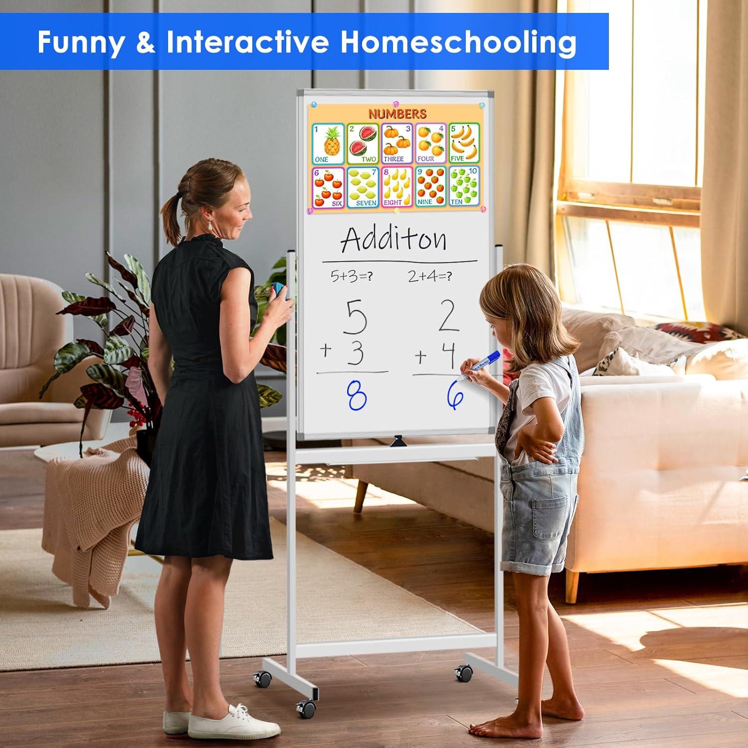 imageMagnetic Mobile White Board 48 x 24 Double Sided Dry Erase Board Rolling Whiteboard Aluminum Frame Standing Whiteboard on WheelsWhite