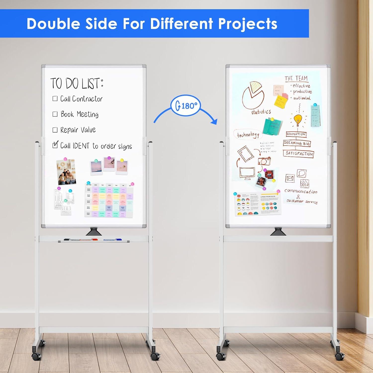 imageMagnetic Mobile White Board 48 x 24 Double Sided Dry Erase Board Rolling Whiteboard Aluminum Frame Standing Whiteboard on WheelsWhite