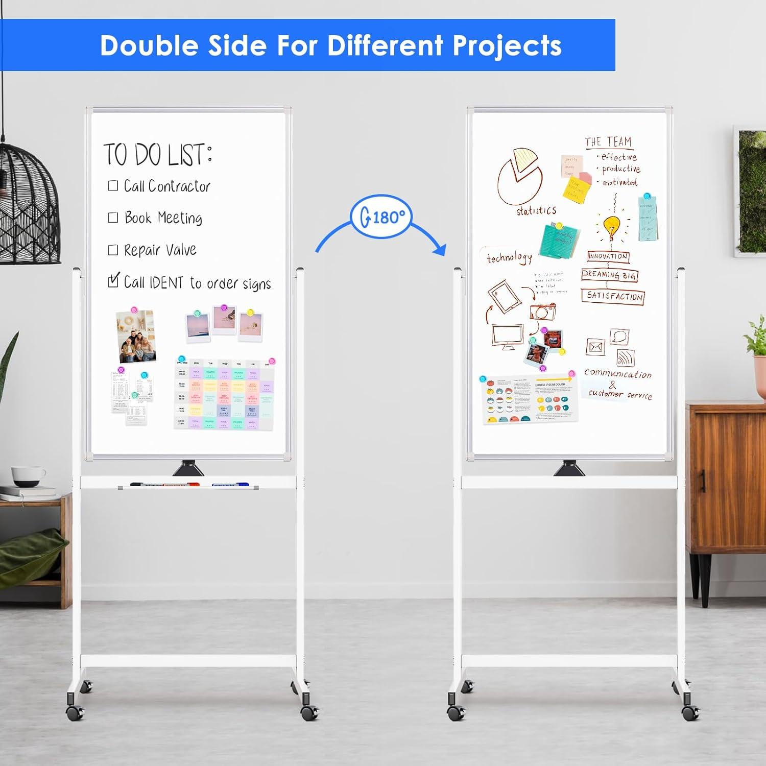 imageMagnetic Mobile White Board 48 x 24 Double Sided Dry Erase Board Rolling Whiteboard Aluminum Frame Standing Whiteboard on WheelsWhite