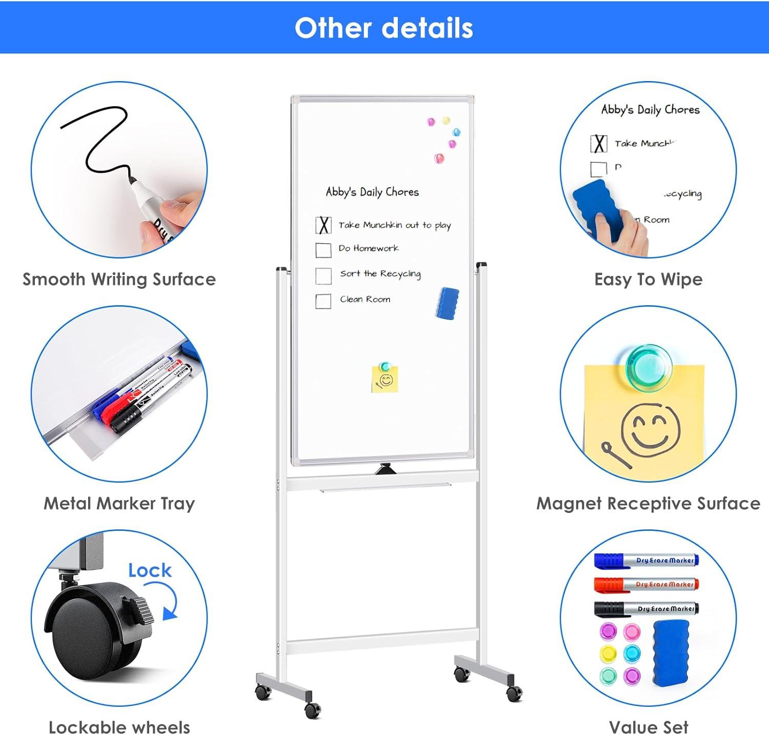 imageMagnetic Mobile White Board 48 x 24 Double Sided Dry Erase Board Rolling Whiteboard Aluminum Frame Standing Whiteboard on WheelsWhite
