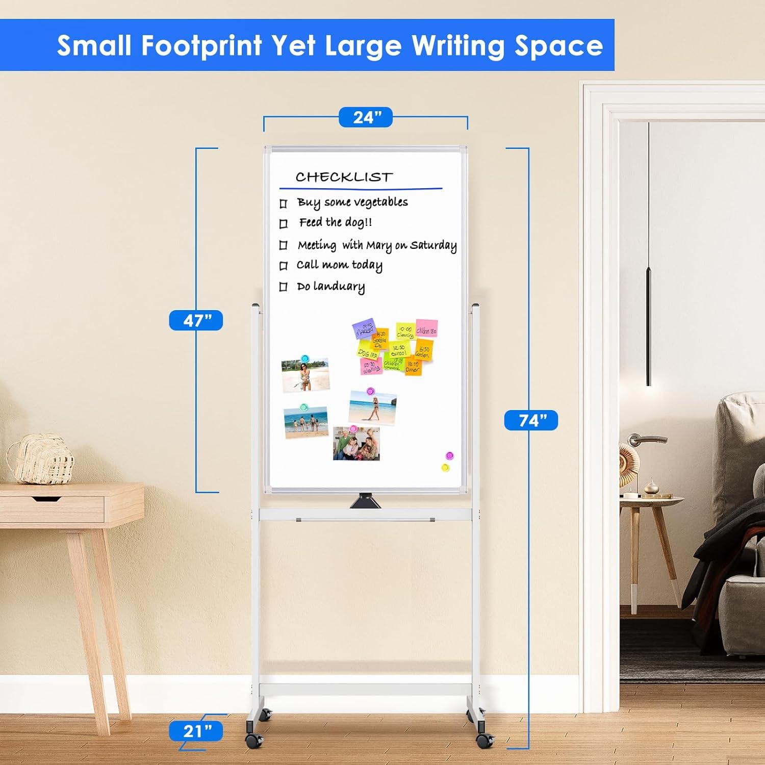 imageMagnetic Mobile White Board 48 x 24 Double Sided Dry Erase Board Rolling Whiteboard Aluminum Frame Standing Whiteboard on WheelsWhite