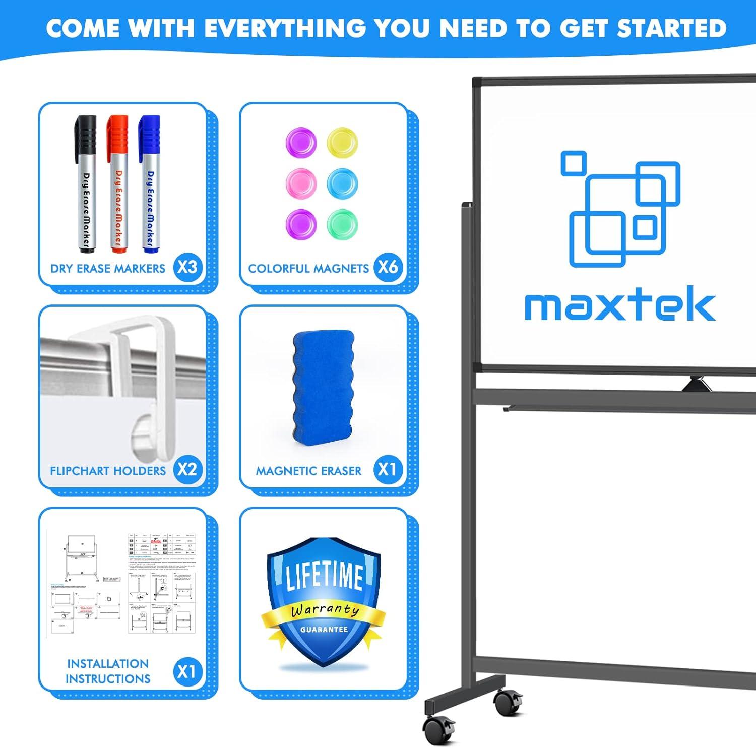 imageMaxtek Rolling White Board on Wheels 48x32 inch Double Side Magnetic Dry Erase Board with Stand Aluminum Frame Easel Mobile Standing Whiteboard for Office Classroom ampamp HomeBlack Frame