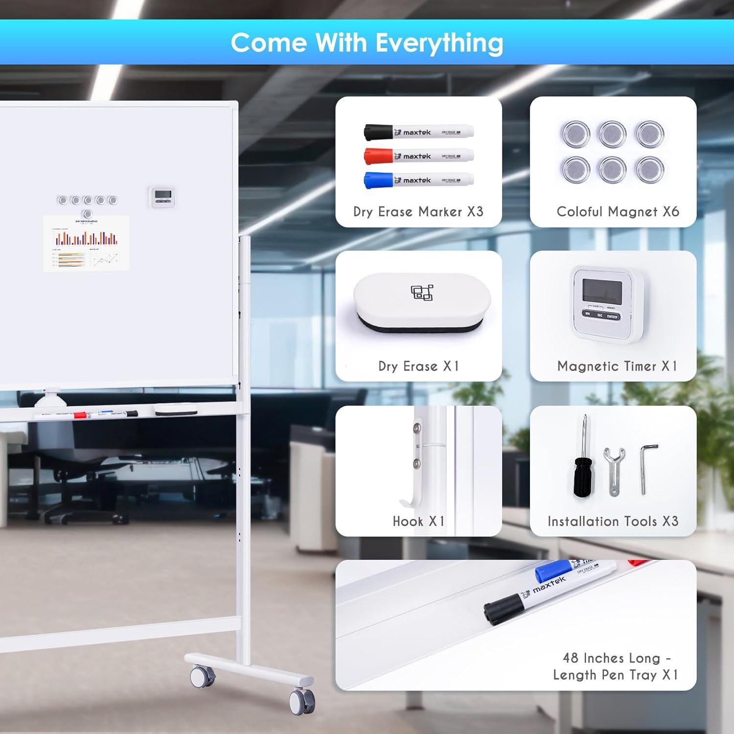 imageMaxtek Rolling Whiteboard on Wheels 48quotx32quot NanoClean Large Magnetic Dry Erase Board with Stand DoubleSided Mobile Whiteboard for Homeschool Home Office Office SchoolSilver