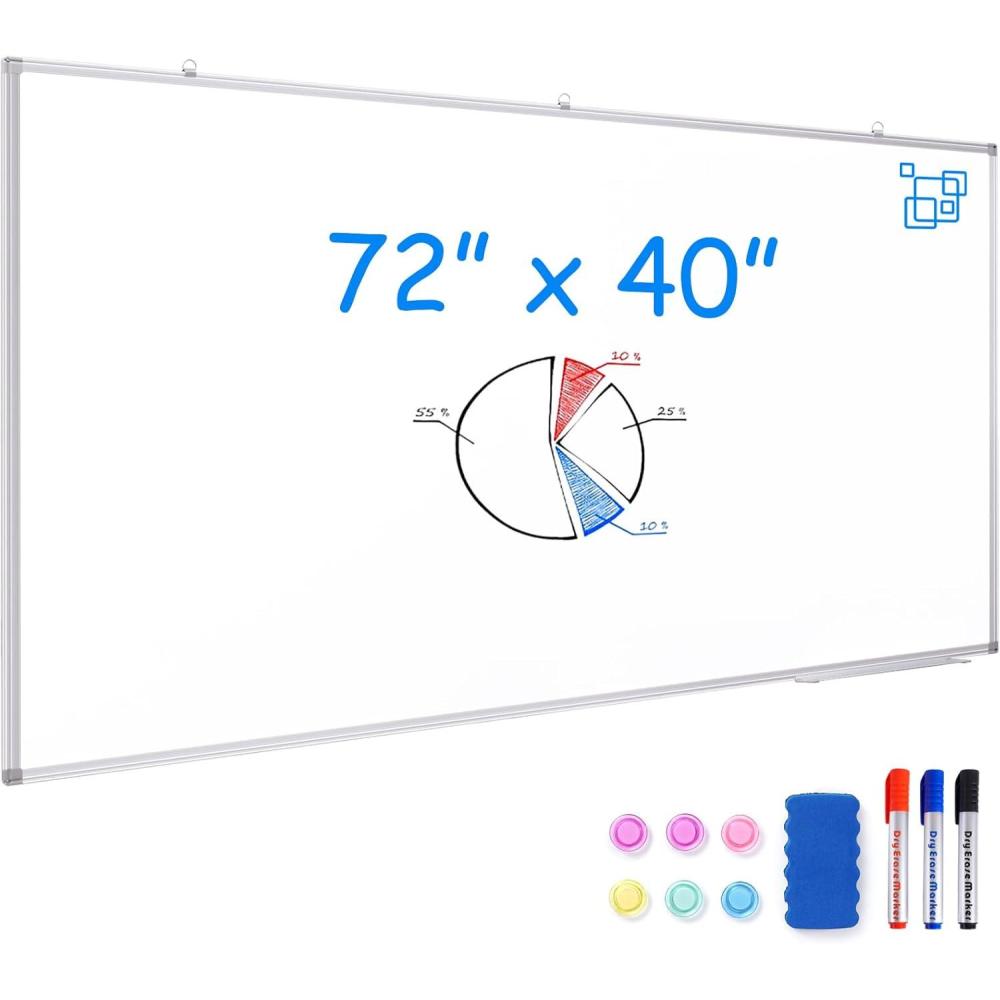 imageDry Erase Board 72 x 40 Inch Large Magnetic White Board for Wall Maxtek Aluminum Frame Erase Board Presentation WallMounted Marker Board with a Long Pen Tray for Classroom Office ampamp Home72 x 40 inches