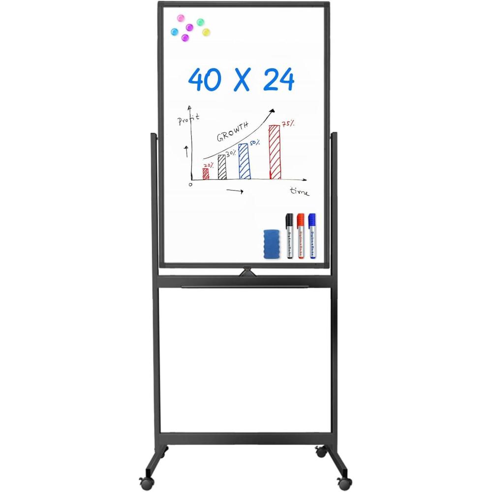 imageMagnetic Mobile White Board 48 x 24 Double Sided Dry Erase Board Rolling Whiteboard Aluminum Frame Standing Whiteboard on WheelsBlack