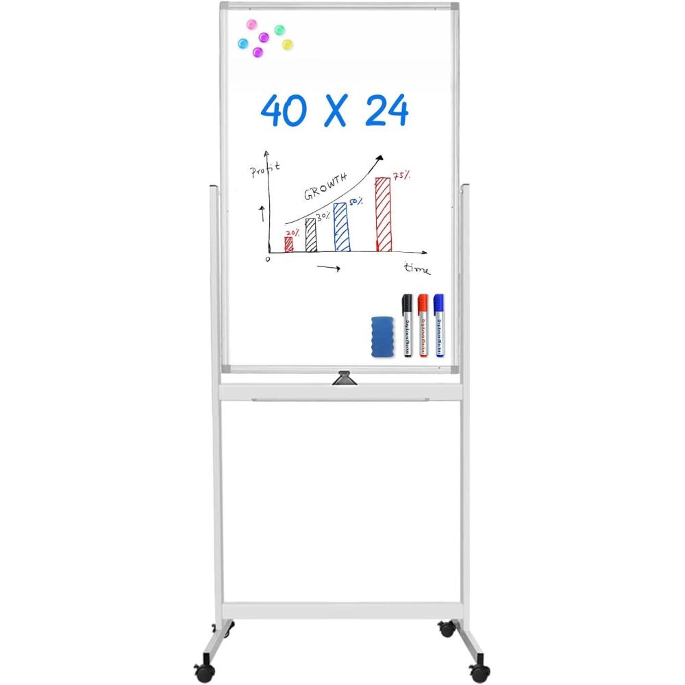 imageMagnetic Mobile White Board 48 x 24 Double Sided Dry Erase Board Rolling Whiteboard Aluminum Frame Standing Whiteboard on WheelsWhite