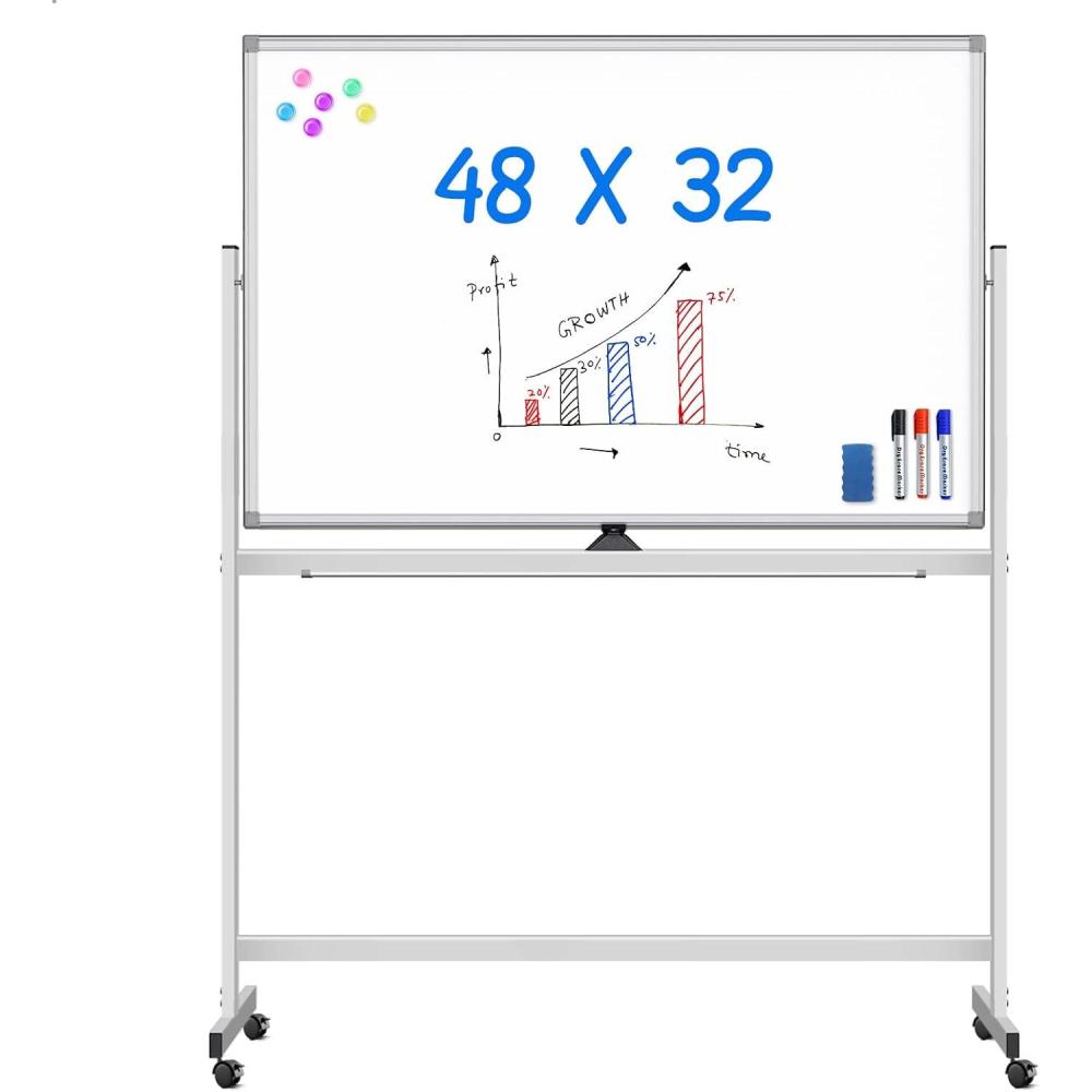 imageMaxtek Rolling White Board on Wheels 48x32 inch Double Side Magnetic Dry Erase Board with Stand Aluminum Frame Easel Mobile Standing Whiteboard for Office Classroom ampamp HomeSilver Frame