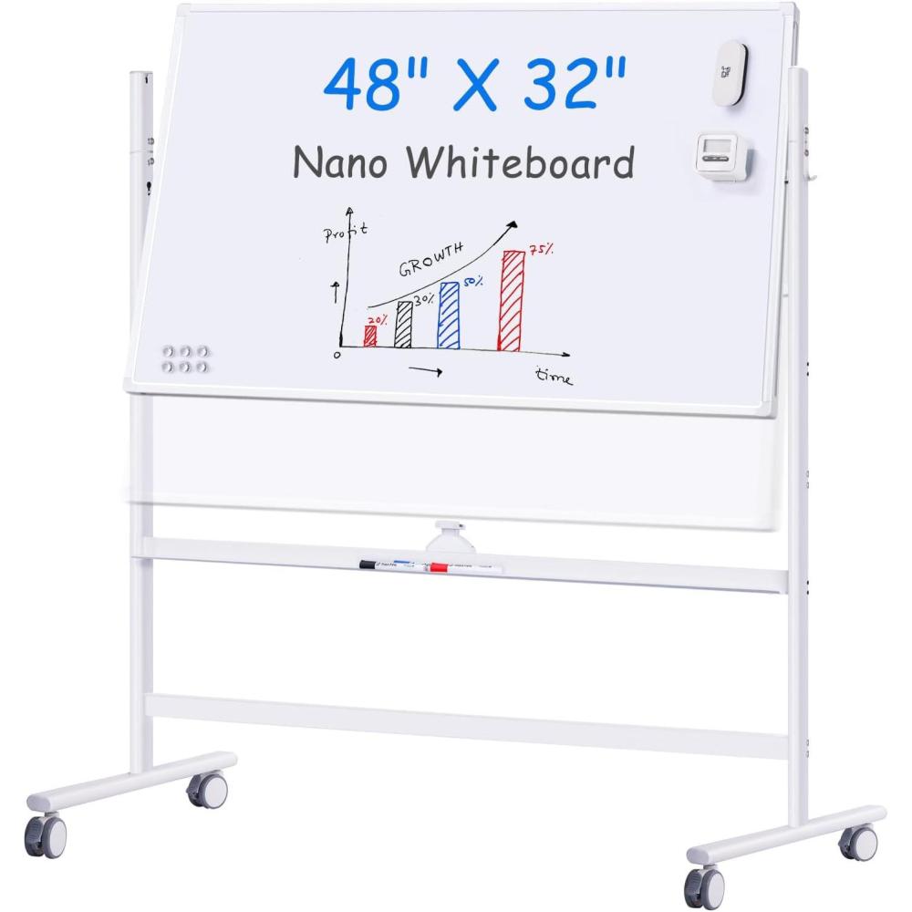 imageMaxtek Rolling Whiteboard on Wheels 48quotx32quot NanoClean Large Magnetic Dry Erase Board with Stand DoubleSided Mobile Whiteboard for Homeschool Home Office Office SchoolSilver