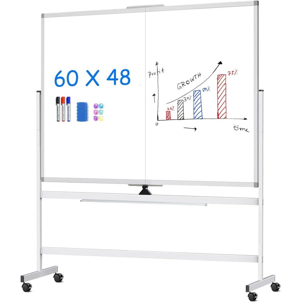 imagemaxtek 60 x 48 Double Sided Rolling Whiteboard Mobile Whiteboard Magnetic White Board Large Reversible Dry Erase Board Easel Standing Board on Wheels with Stand 60 x 4860x48 inch