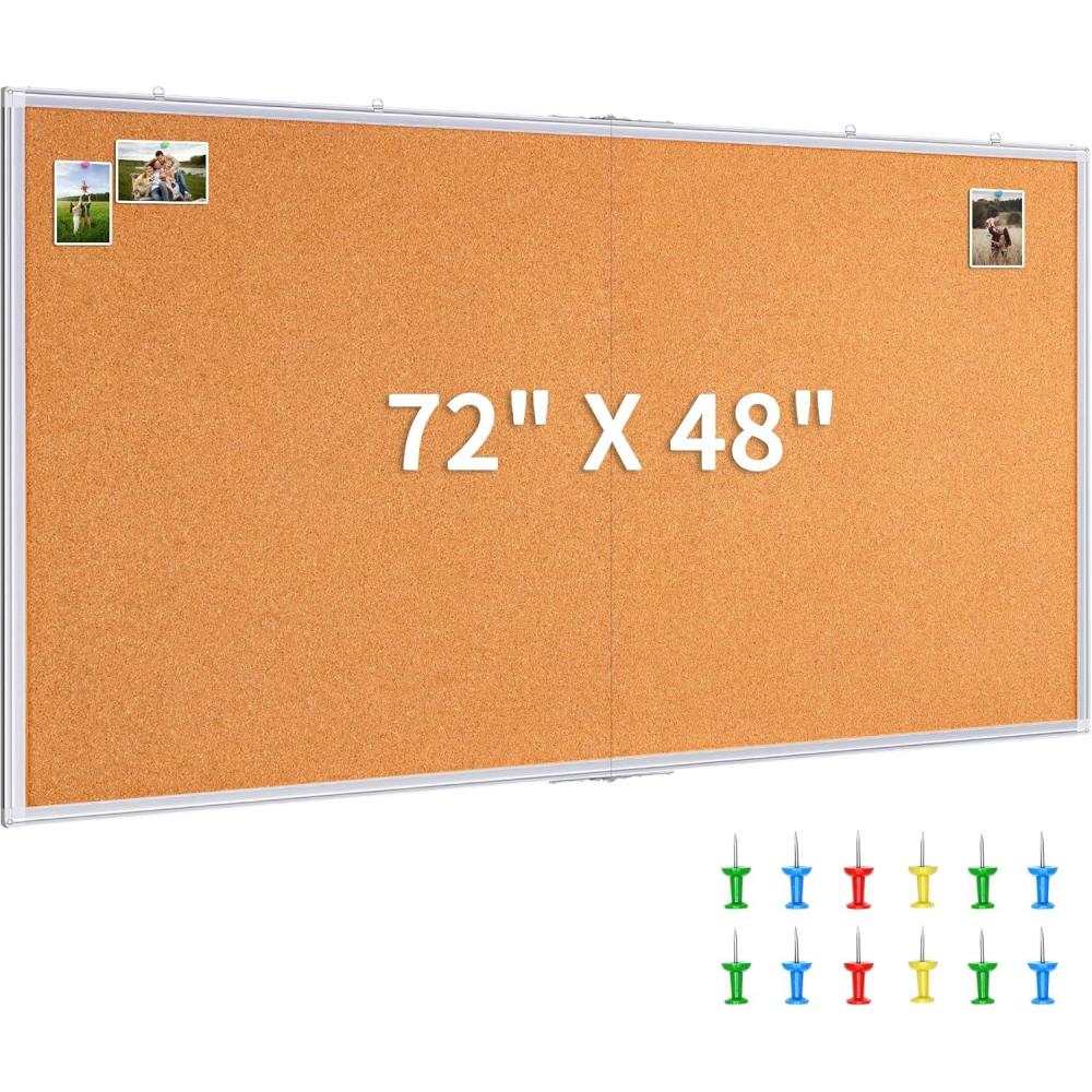 imagemaxtek Large Cork Board 48 x 36 in Bulletin Board for Walls 4x 3 Extra Aluminum Framed Corkboard Foldable Wall Mounted Pin Memo Notice Cork Board for Office Home Wall Display72x48 inches Silver