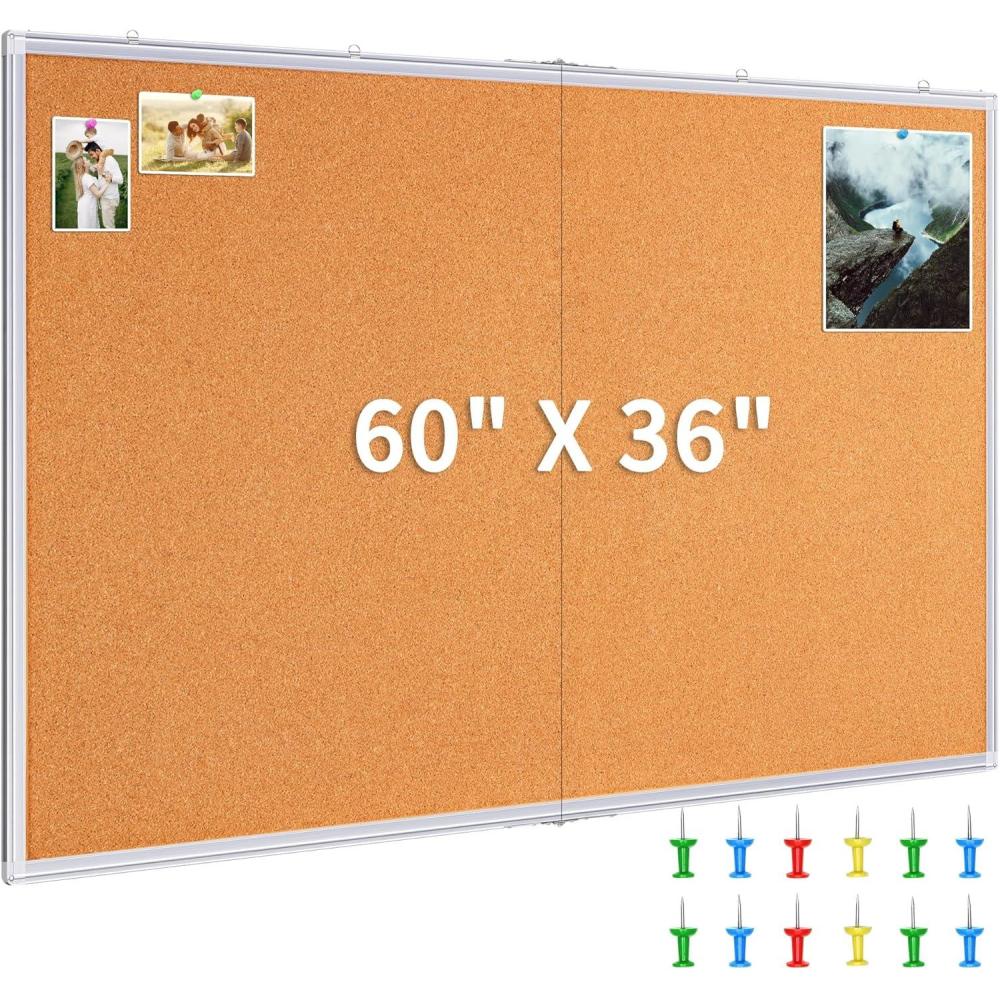 imagemaxtek Large Cork Board 60 x 36 in Bulletin Board for Walls 5x 3 Extra Aluminum Framed Corkboard Foldable Wall Mounted Back to School Pin Memo Notice Cork Board for Office Home Wall Display60x36 inches Silver