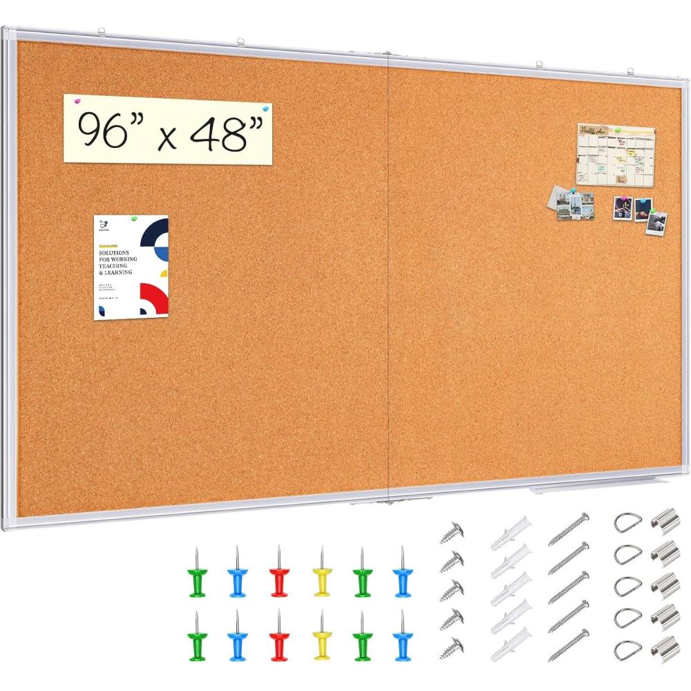 imagemaxtek Large Cork Board 60 x 36 in Bulletin Board for Walls 5x 3 Extra Aluminum Framed Corkboard Foldable Wall Mounted Back to School Pin Memo Notice Cork Board for Office Home Wall Display96x48 inches Silver